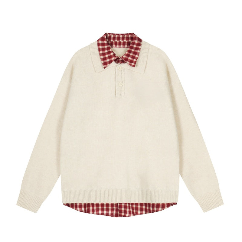 Red Plaid Polo Collar Sweater