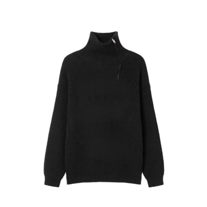 Black Half-Zip High-Neck Pullover Sweater